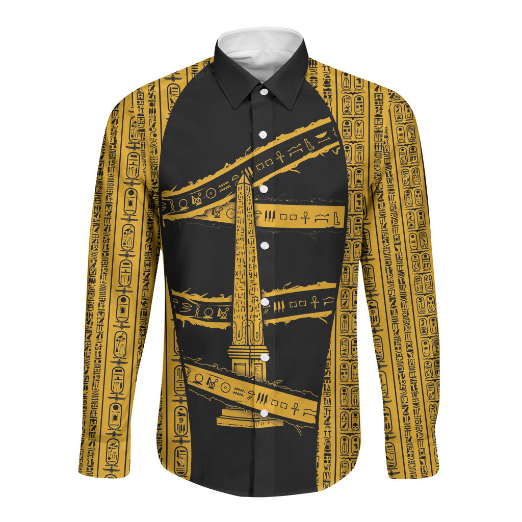 Egypt Obelisk Long Sleeve Button Shirt Ancient Mythology Sacred Sun Pillar