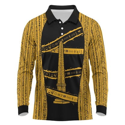 Egypt Obelisk Long Sleeve Polo Shirt Ancient Mythology Sacred Sun Pillar