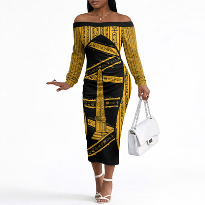 Egypt Obelisk Off The Shoulder Long Sleeve Dress Ancient Mythology Sacred Sun Pillar