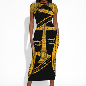 Egypt Obelisk Short Sleeve Bodycon Dress Ancient Mythology Sacred Sun Pillar