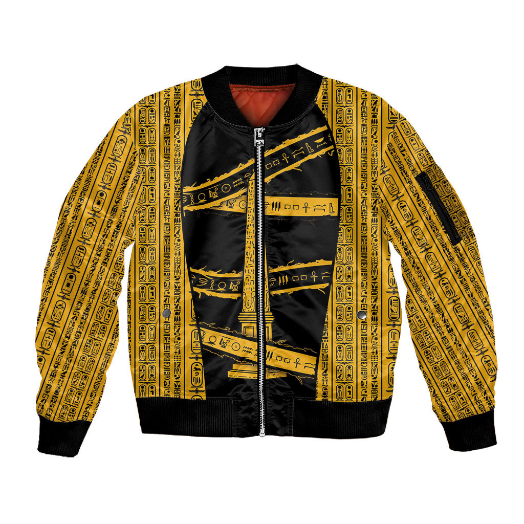 Egypt Obelisk Sleeve Zip Bomber Jacket Ancient Mythology Sacred Sun Pillar