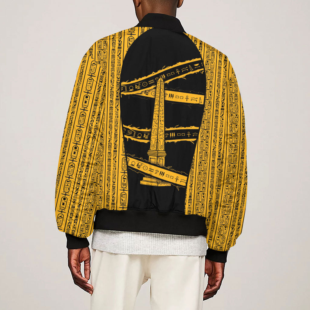 Egypt Obelisk Sleeve Zip Bomber Jacket Ancient Mythology Sacred Sun Pillar