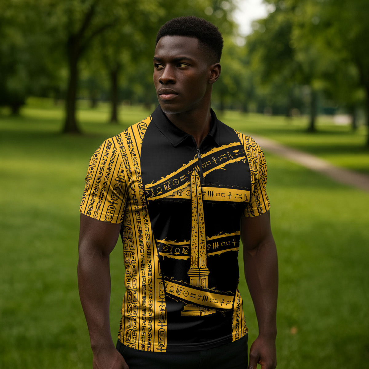 Egypt Obelisk Zipper Polo Shirt Ancient Mythology Sacred Sun Pillar