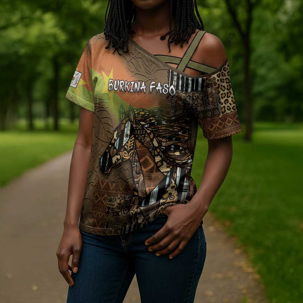 Personalized Burkina Faso Cross Shoulder Shirt African Tribal Horse Patchwork Style - African Pride