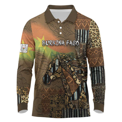 Personalized Burkina Faso Long Sleeve Polo Shirt African Tribal Horse Patchwork Style - African Pride