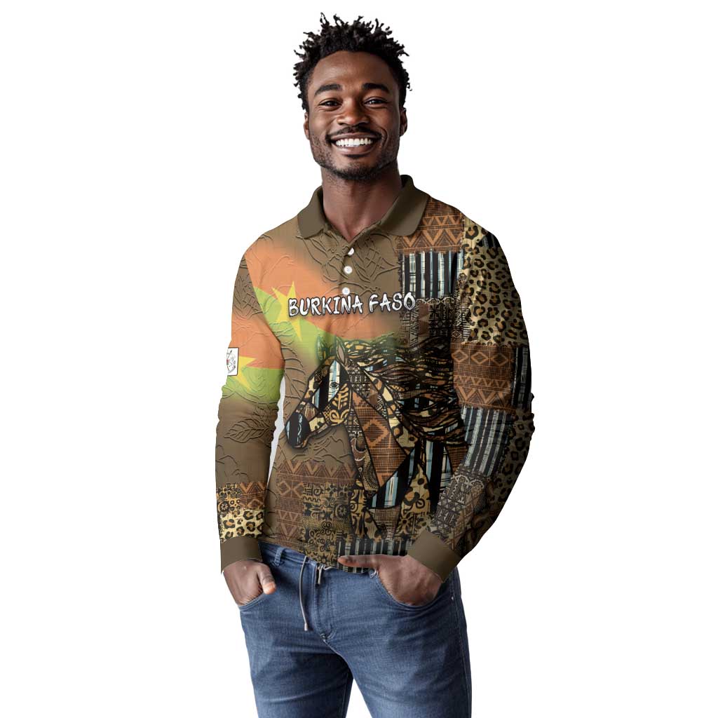 Personalized Burkina Faso Long Sleeve Polo Shirt African Tribal Horse Patchwork Style - African Pride