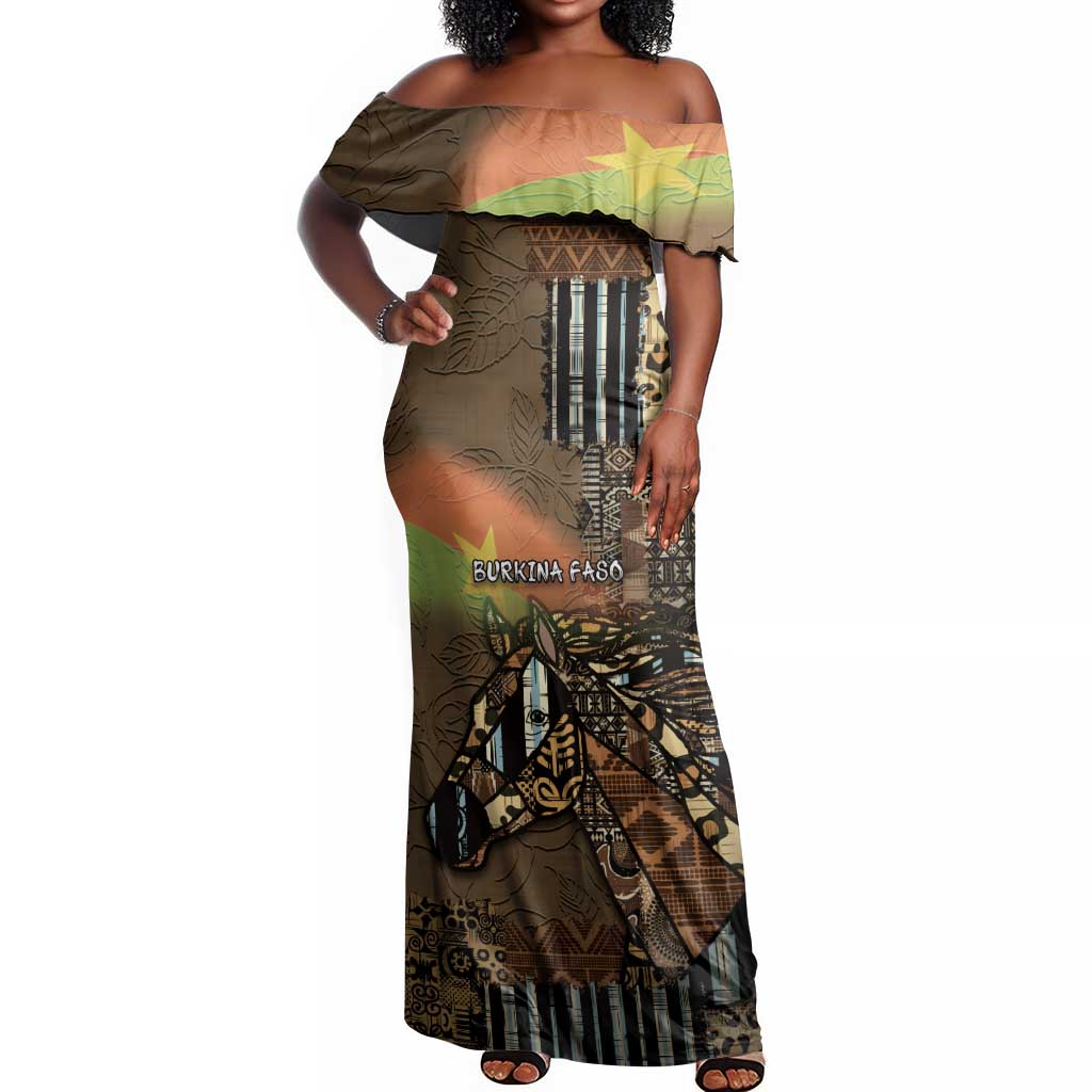 Personalized Burkina Faso Off Shoulder Maxi Dress African Tribal Horse Patchwork Style - African Pride