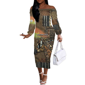 Personalized Burkina Faso Off The Shoulder Long Sleeve Dress African Tribal Horse Patchwork Style - African Pride