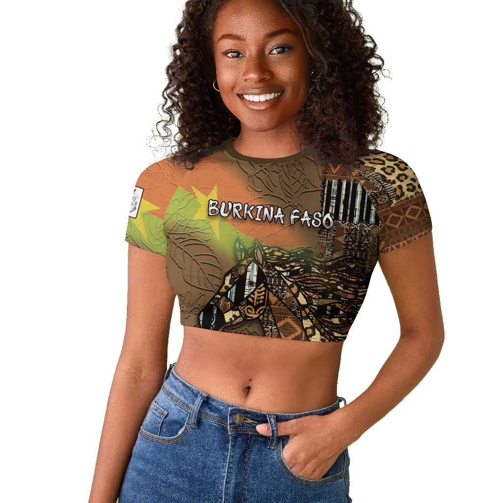 Personalized Burkina Faso Raglan Cropped T shirt African Tribal Horse Patchwork Style - African Pride