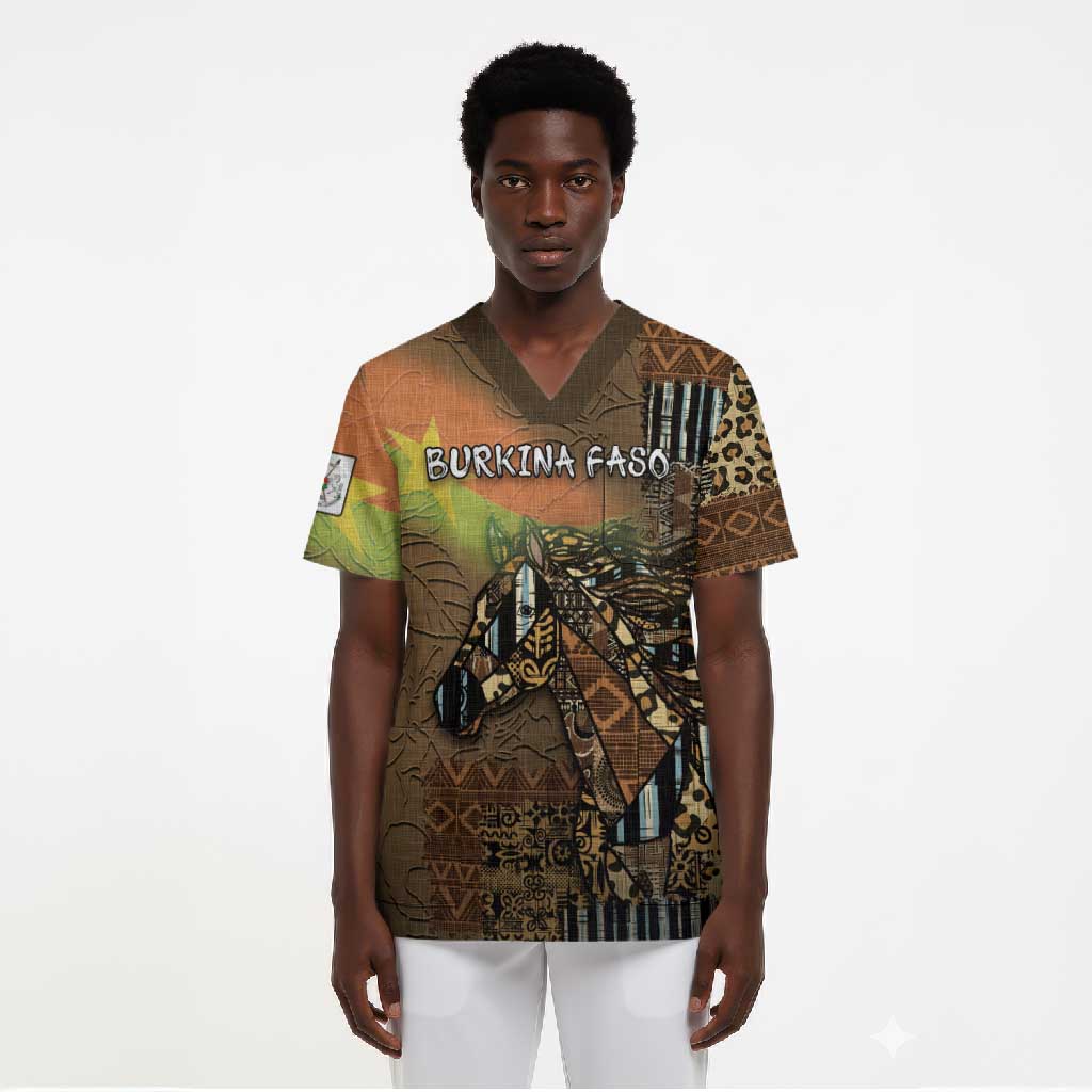 Personalized Burkina Faso Scrub Top African Tribal Horse Patchwork Style - African Pride