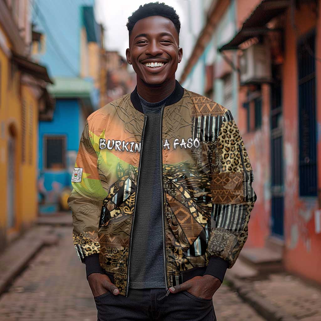 Personalized Burkina Faso Sleeve Zip Bomber Jacket African Tribal Horse Patchwork Style - African Pride