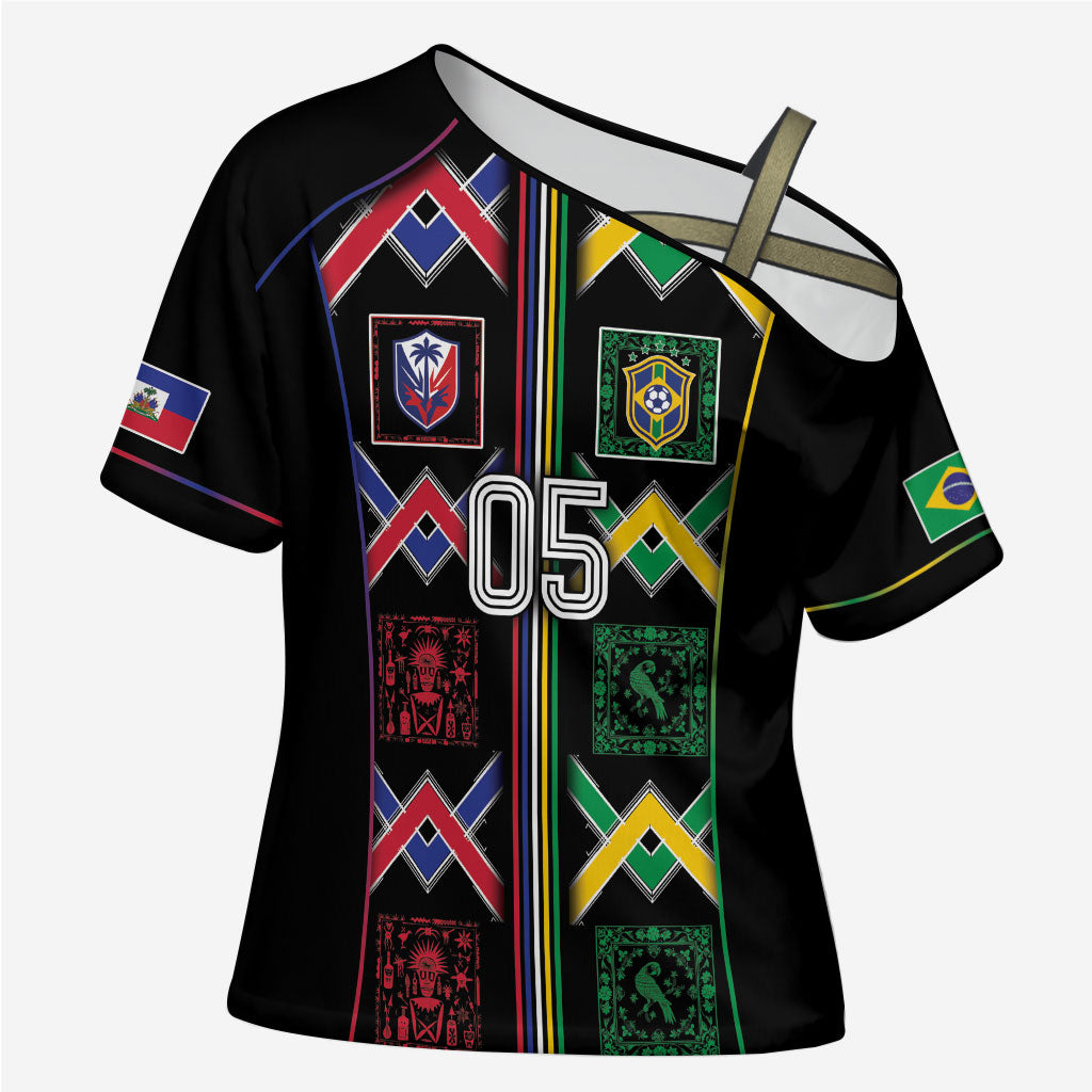 Custom Brazil And Haiti Football Cross Shoulder Shirt Mix Brazilian Haitian Roots