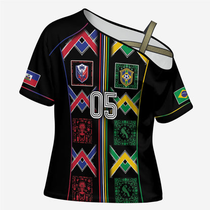 Custom Brazil And Haiti Football Cross Shoulder Shirt Mix Brazilian Haitian Roots