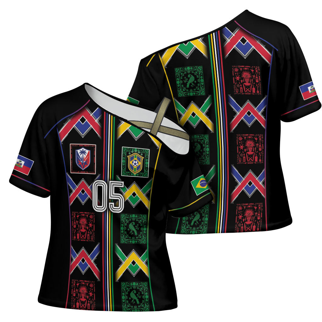 Custom Brazil And Haiti Football Cross Shoulder Shirt Mix Brazilian Haitian Roots