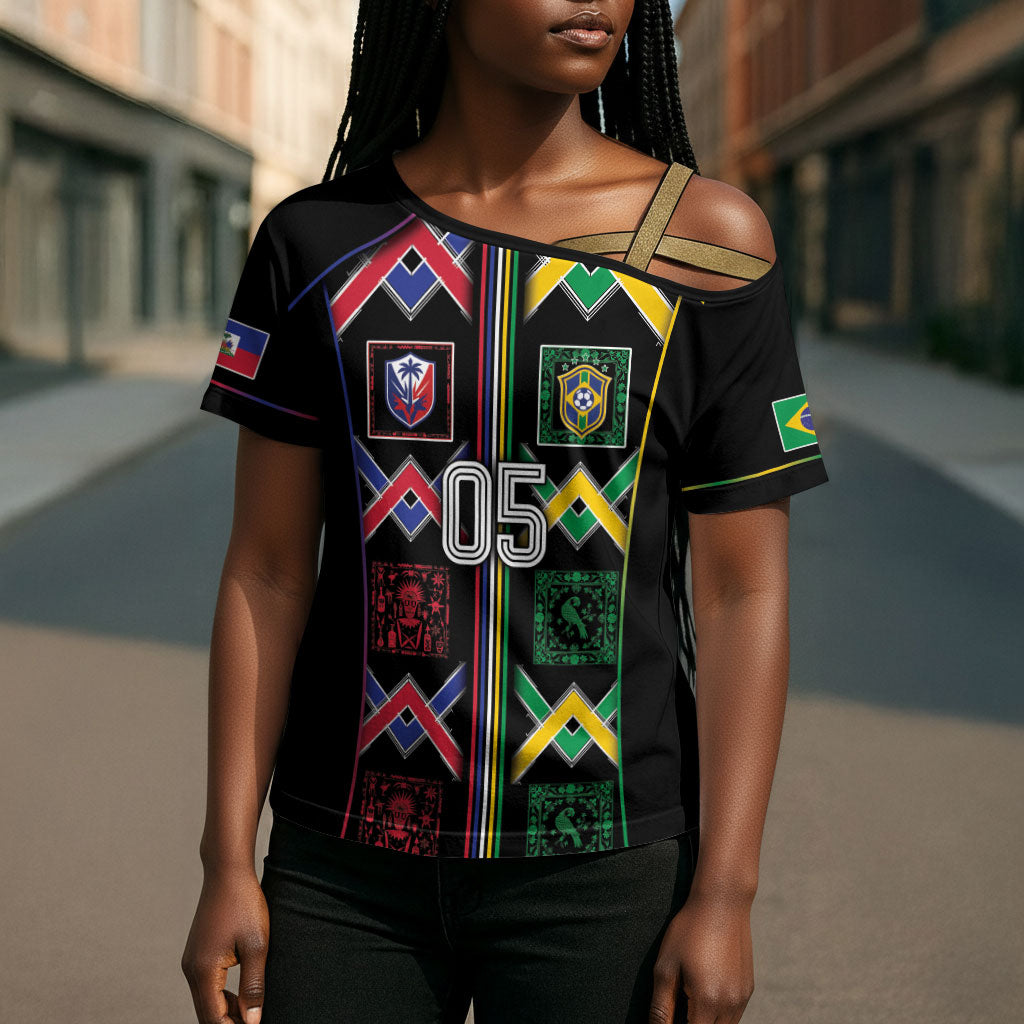 Custom Brazil And Haiti Football Cross Shoulder Shirt Mix Brazilian Haitian Roots