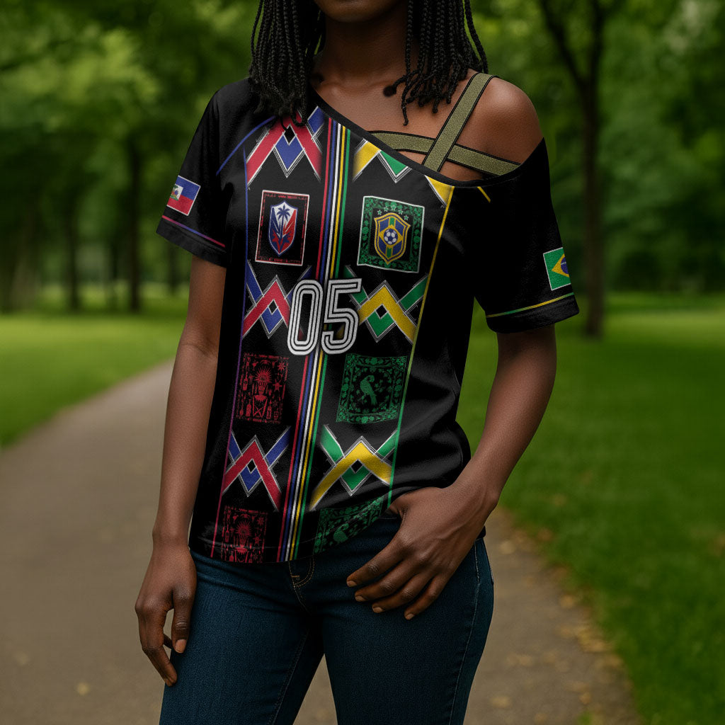 Custom Brazil And Haiti Football Cross Shoulder Shirt Mix Brazilian Haitian Roots
