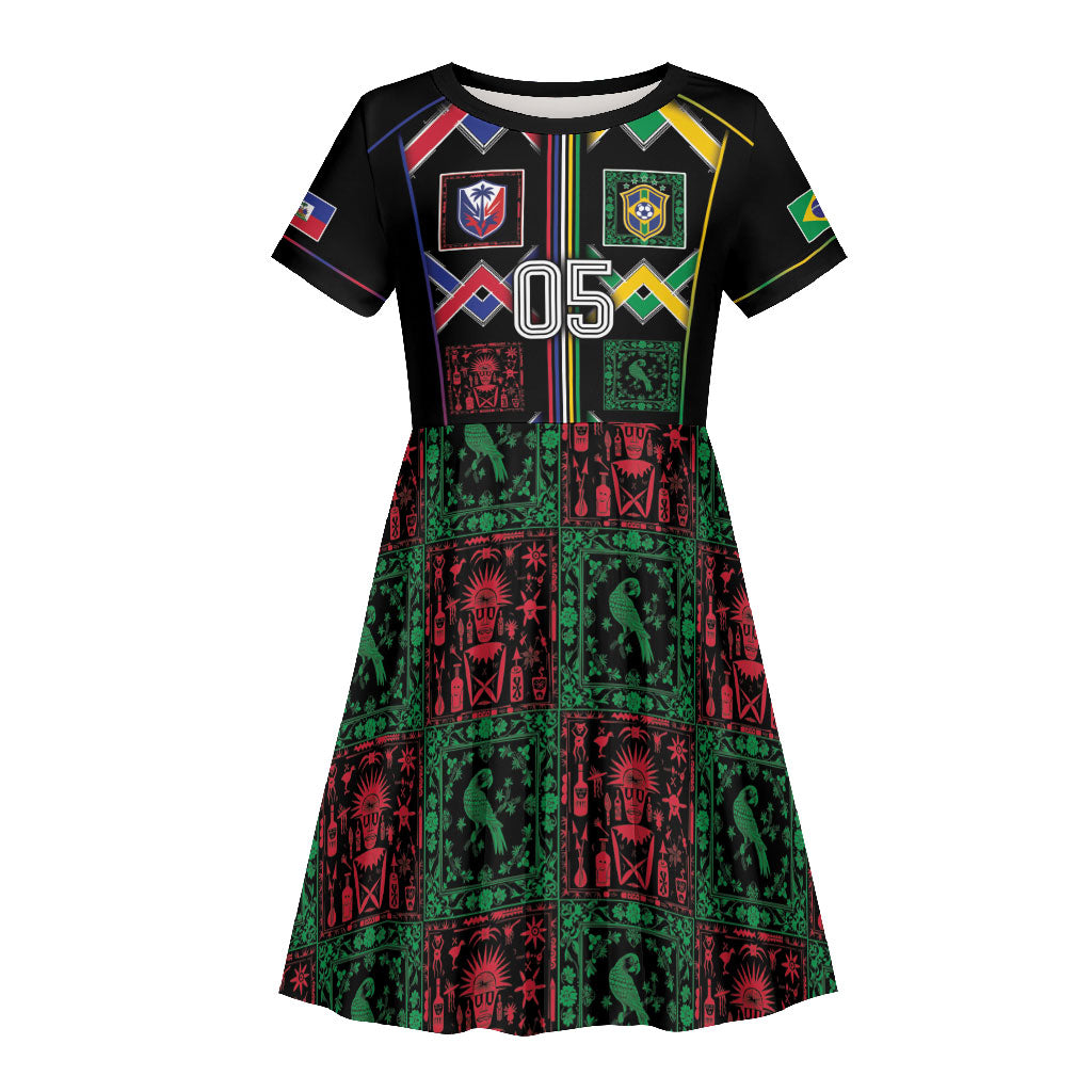 Custom Brazil And Haiti Football Kid Short Sleeve Dress Mix Brazilian Haitian Roots