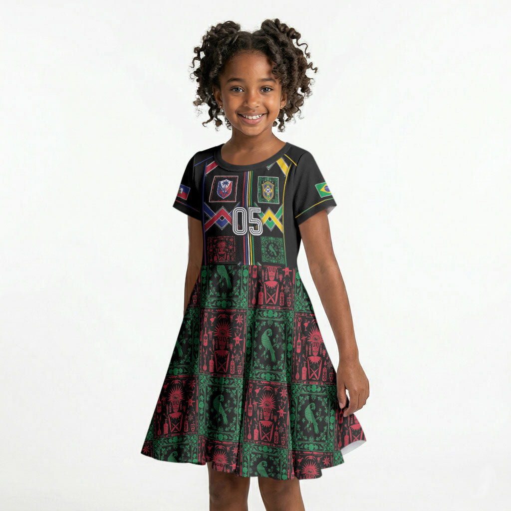 Custom Brazil And Haiti Football Kid Short Sleeve Dress Mix Brazilian Haitian Roots