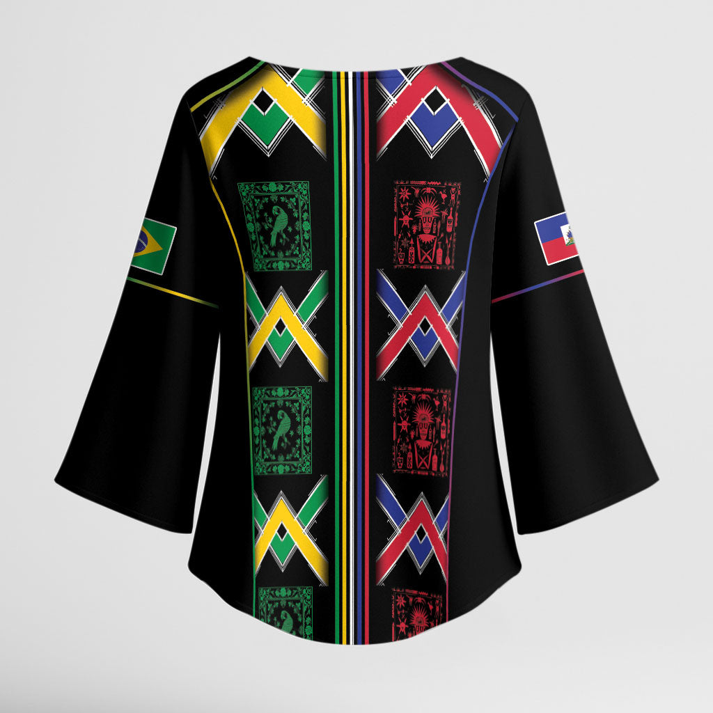Custom Brazil And Haiti Football Kimono Sleeve Blouse Mix Brazilian Haitian Roots