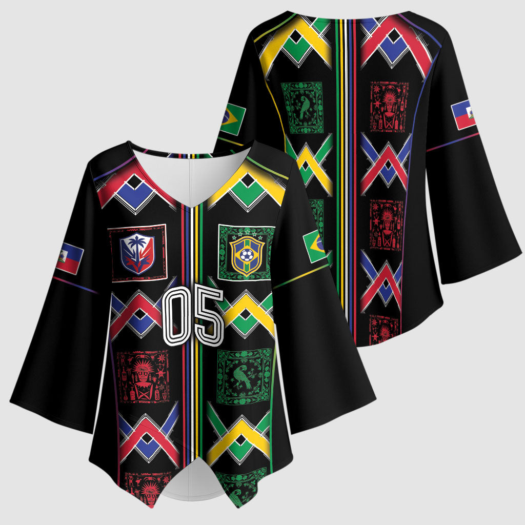 Custom Brazil And Haiti Football Kimono Sleeve Blouse Mix Brazilian Haitian Roots