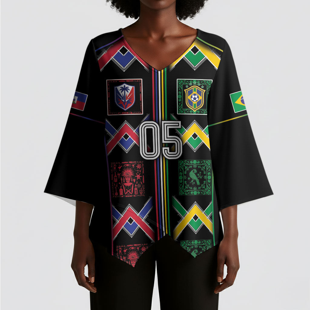 Custom Brazil And Haiti Football Kimono Sleeve Blouse Mix Brazilian Haitian Roots