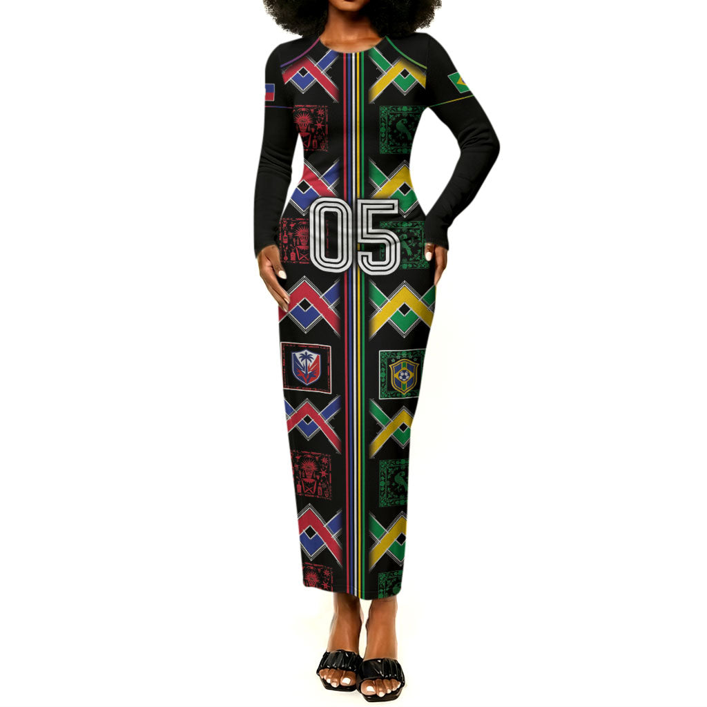 Custom Brazil And Haiti Football Long Sleeve Bodycon Dress Mix Brazilian Haitian Roots