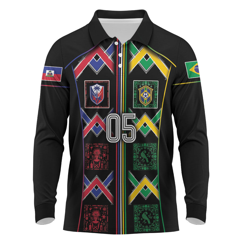 Custom Brazil And Haiti Football Long Sleeve Polo Shirt Mix Brazilian Haitian Roots