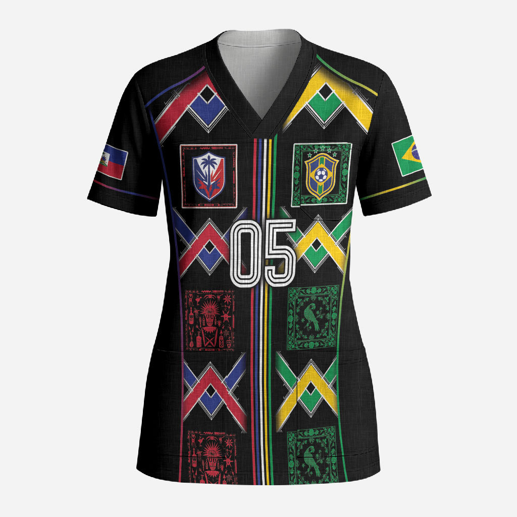 Custom Brazil And Haiti Football Scrub Top Mix Brazilian Haitian Roots