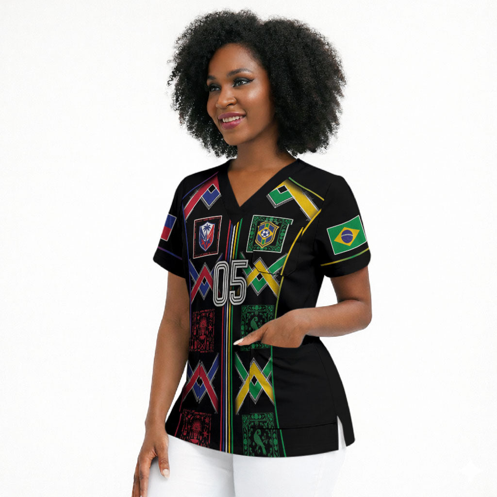 Custom Brazil And Haiti Football Scrub Top Mix Brazilian Haitian Roots