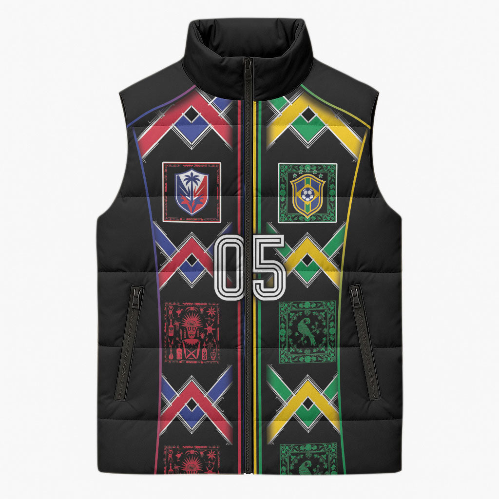 Custom Brazil And Haiti Football Sleeveless Puffer Jacket Mix Brazilian Haitian Roots