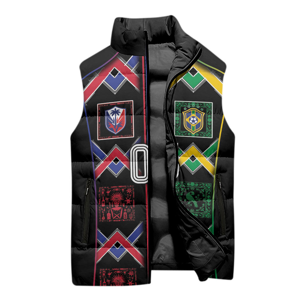 Custom Brazil And Haiti Football Sleeveless Puffer Jacket Mix Brazilian Haitian Roots