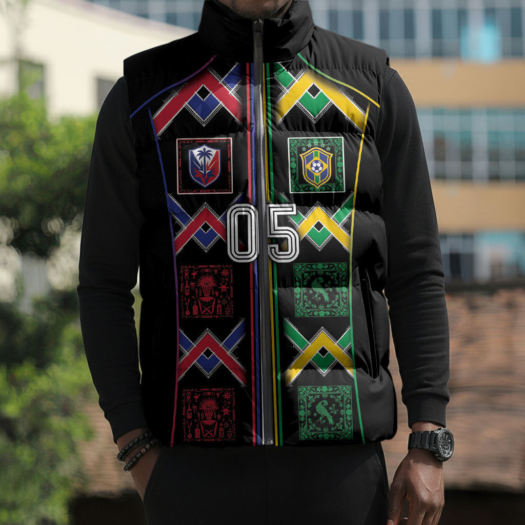 Custom Brazil And Haiti Football Sleeveless Puffer Jacket Mix Brazilian Haitian Roots
