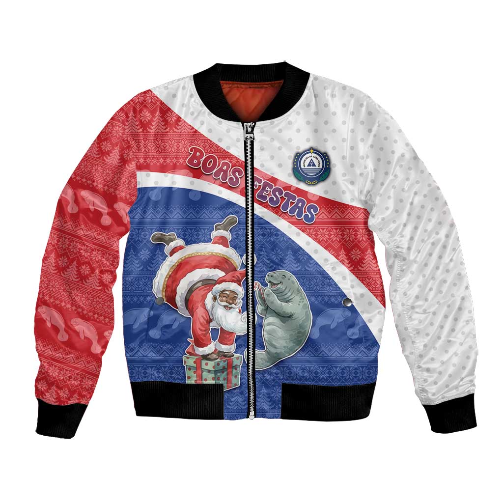 Personalized Cape Verde Christmas Bomber Jacket Black Santa Clause With The Manatee - African Pride