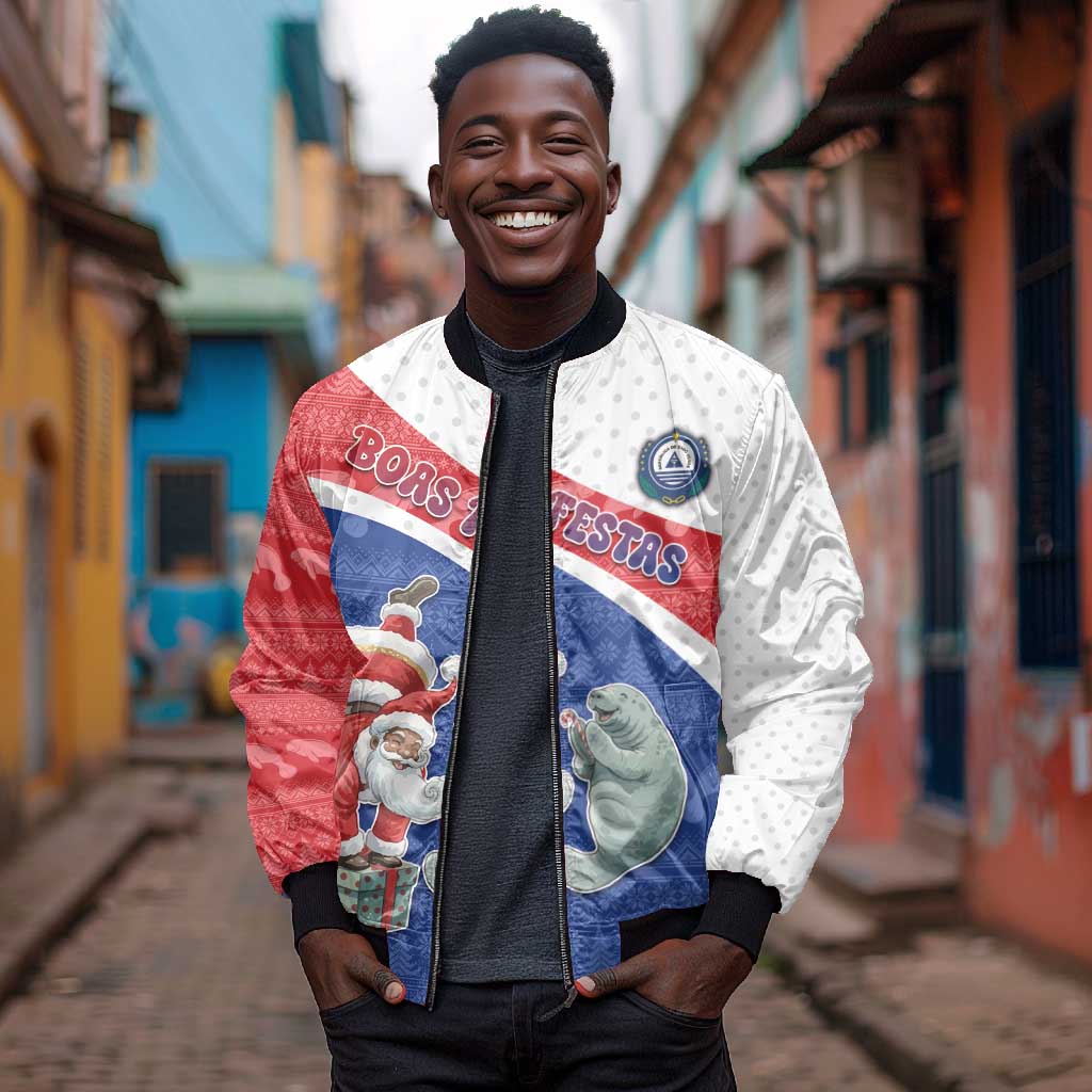 Personalized Cape Verde Christmas Bomber Jacket Black Santa Clause With The Manatee - African Pride