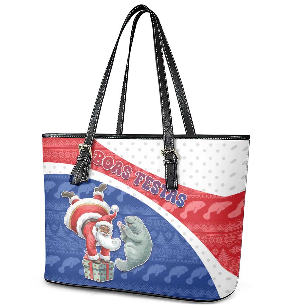 Cape Verde Christmas Leather Tote Bag Black Santa Clause With The Manatee - African Pride