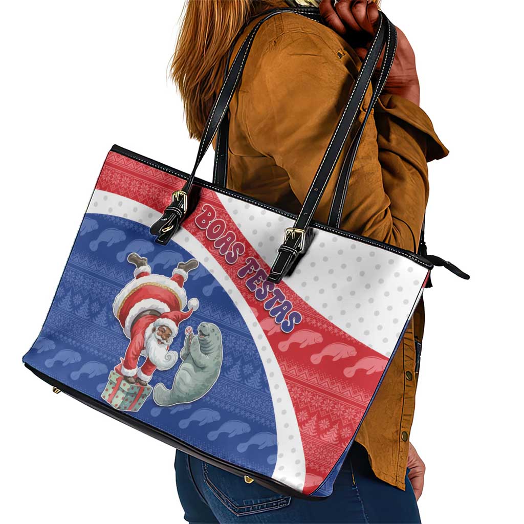 Cape Verde Christmas Leather Tote Bag Black Santa Clause With The Manatee - African Pride