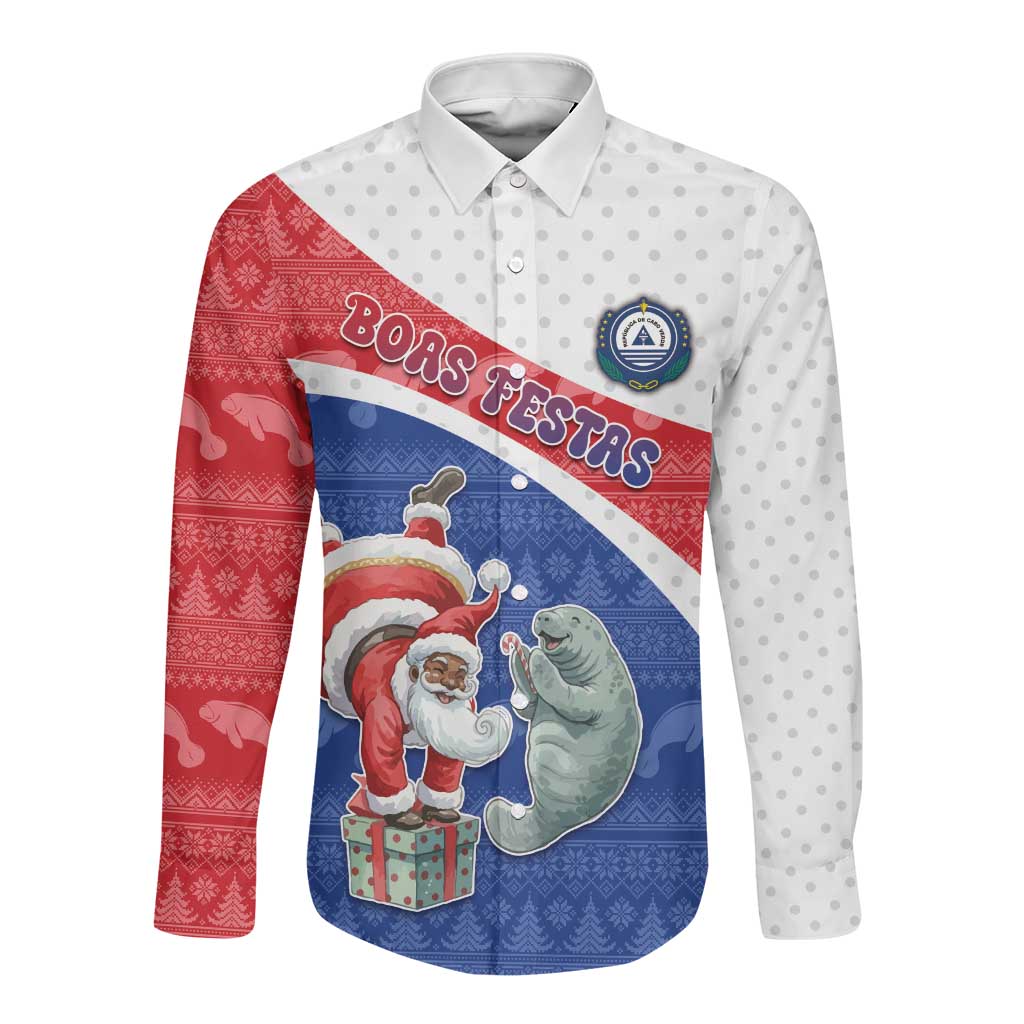 Personalized Cape Verde Christmas Long Sleeve Button Shirt Black Santa Clause With The Manatee - African Pride