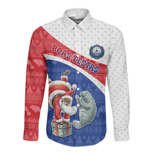 Personalized Cape Verde Christmas Long Sleeve Button Shirt Black Santa Clause With The Manatee - African Pride