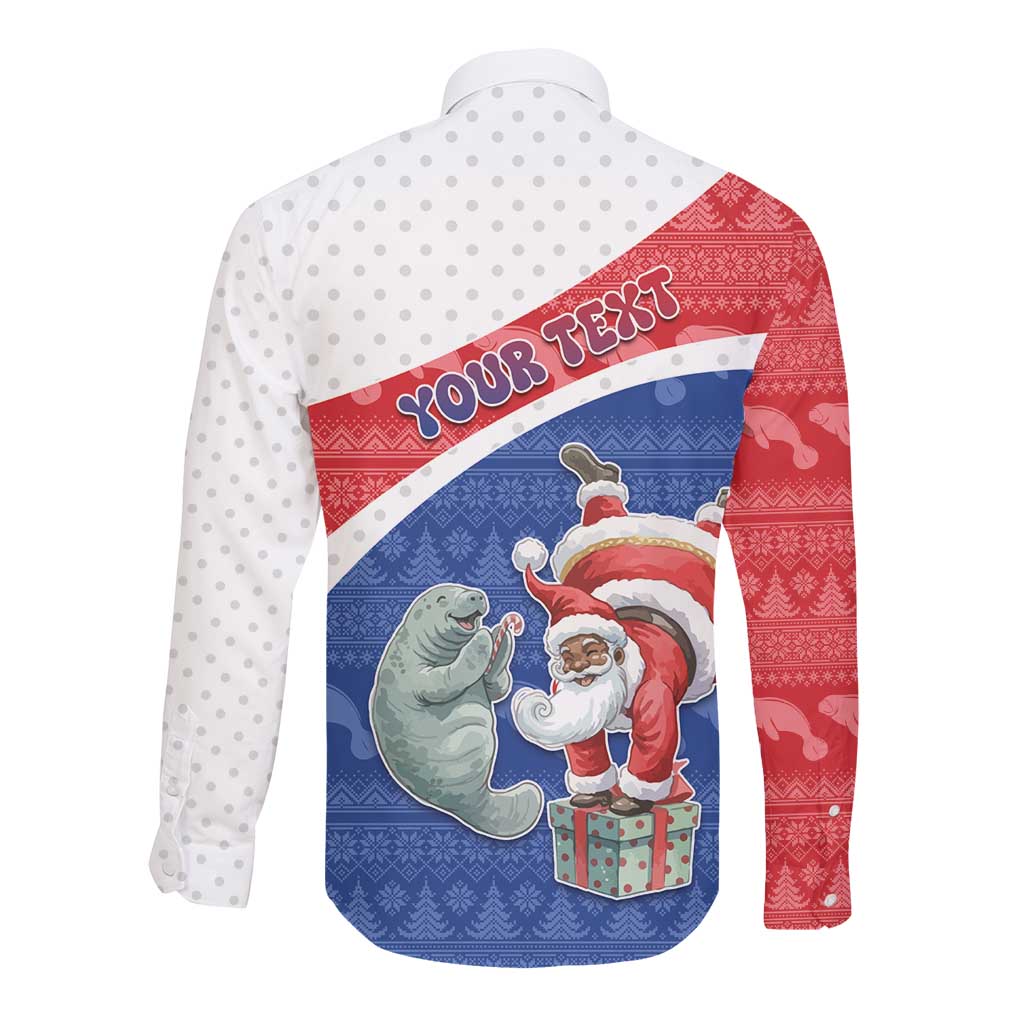 Personalized Cape Verde Christmas Long Sleeve Button Shirt Black Santa Clause With The Manatee - African Pride