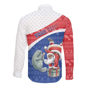Personalized Cape Verde Christmas Long Sleeve Button Shirt Black Santa Clause With The Manatee - African Pride