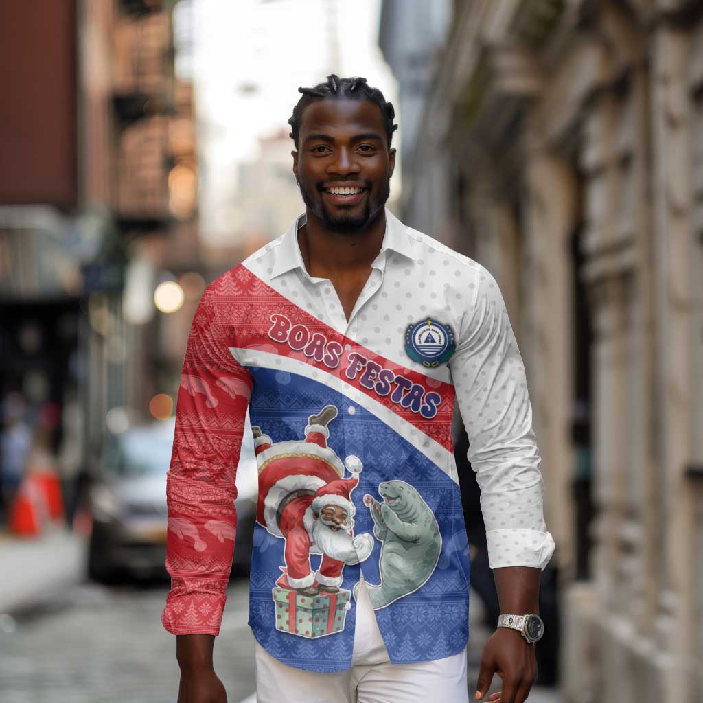 Personalized Cape Verde Christmas Long Sleeve Button Shirt Black Santa Clause With The Manatee - African Pride