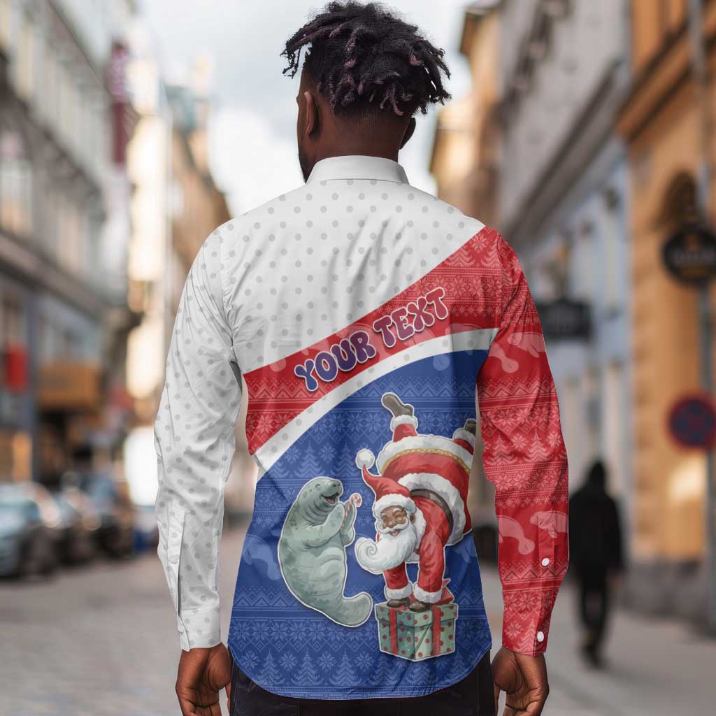Personalized Cape Verde Christmas Long Sleeve Button Shirt Black Santa Clause With The Manatee - African Pride