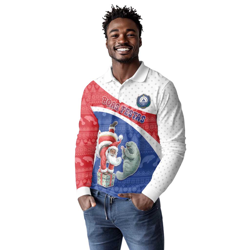 Personalized Cape Verde Christmas Long Sleeve Polo Shirt Black Santa Clause With The Manatee - African Pride