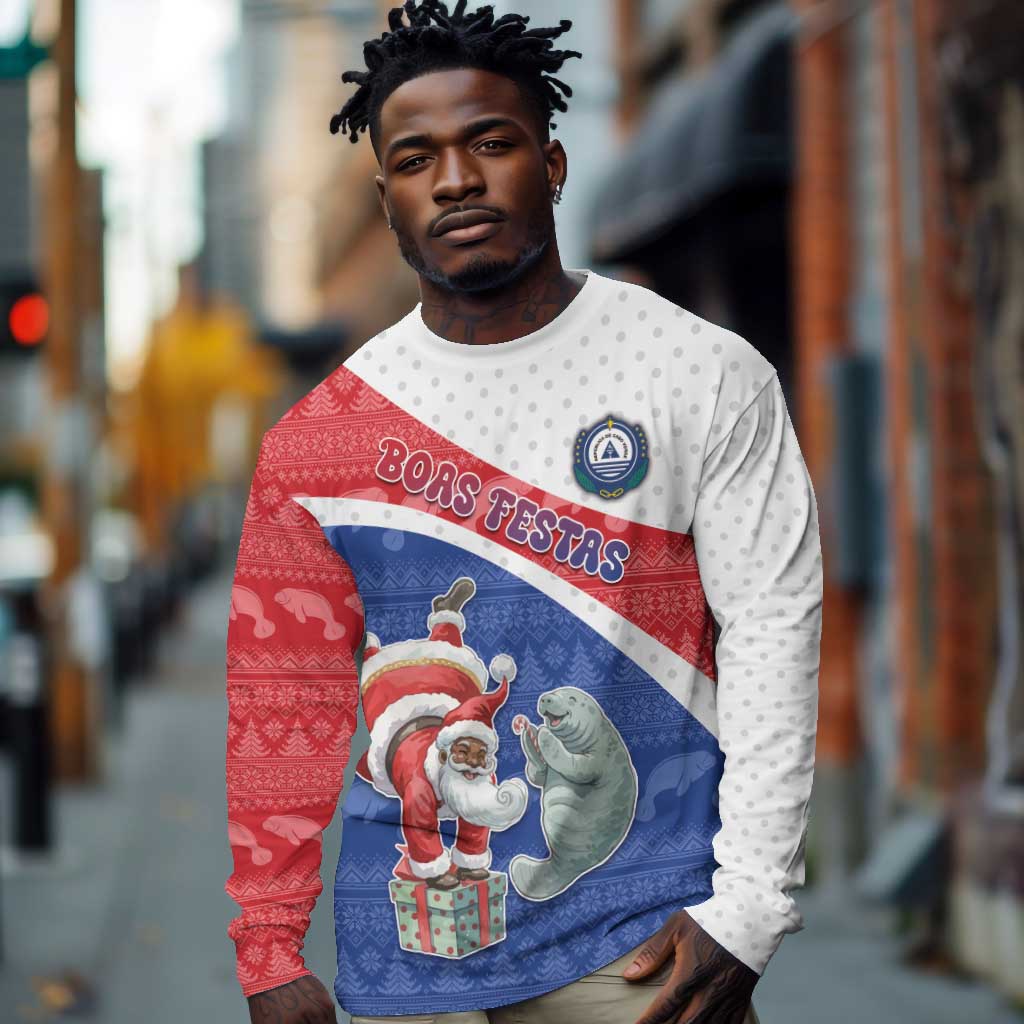 Personalized Cape Verde Christmas Long Sleeve Shirt Black Santa Clause With The Manatee - African Pride