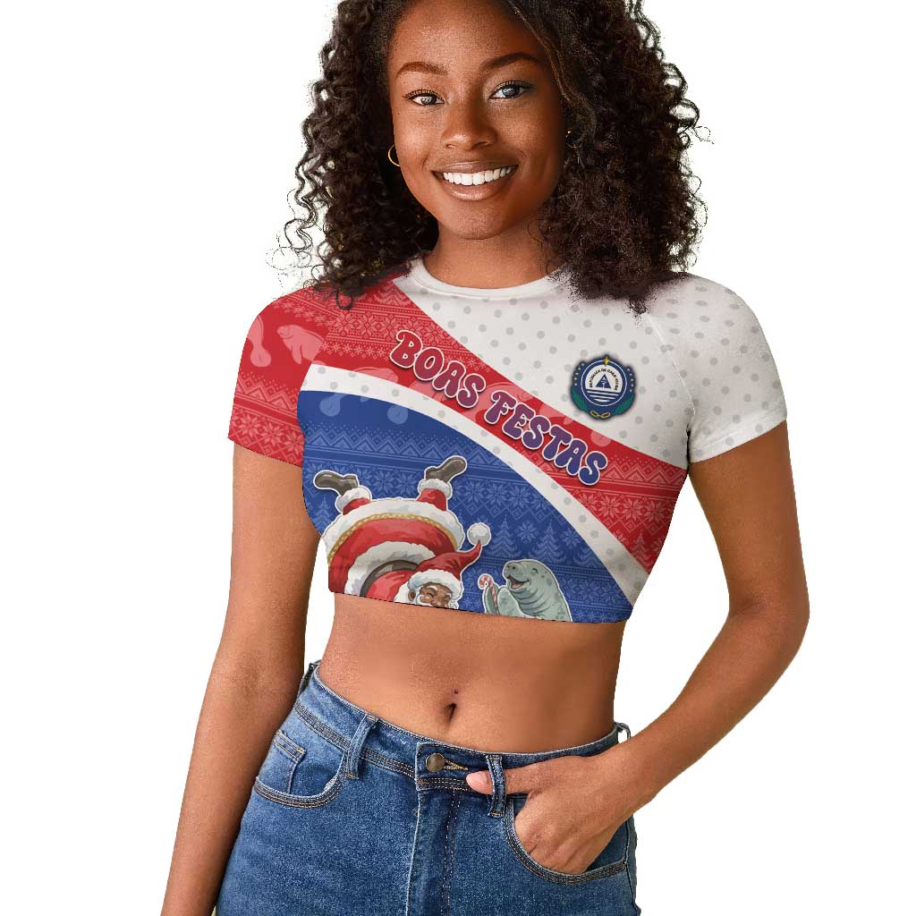 Personalized Cape Verde Christmas Raglan Cropped T shirt Black Santa Clause With The Manatee DT05