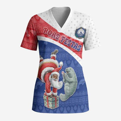 Personalized Cape Verde Christmas Scrub Top Black Santa Clause With The Manatee - African Pride