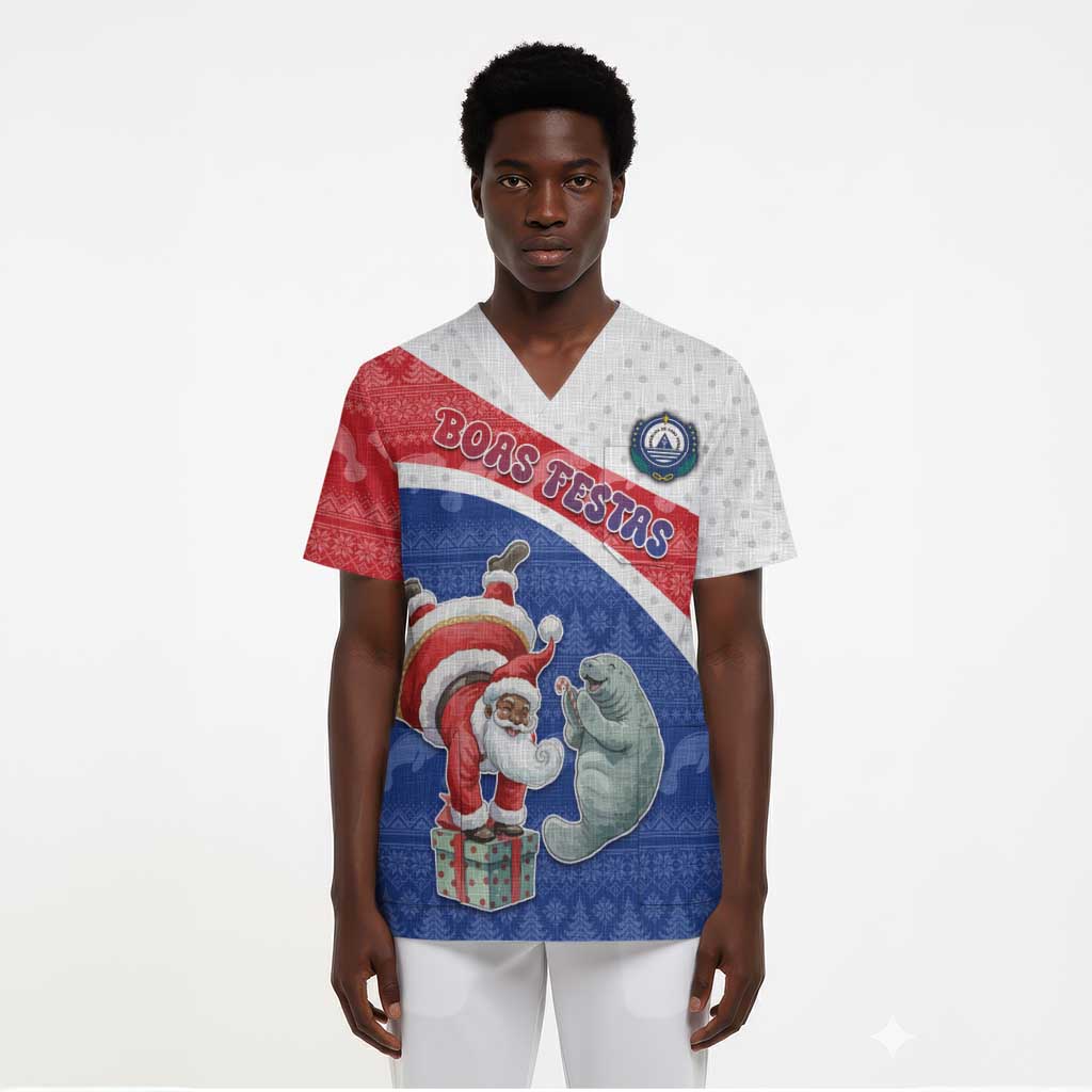 Personalized Cape Verde Christmas Scrub Top Black Santa Clause With The Manatee - African Pride
