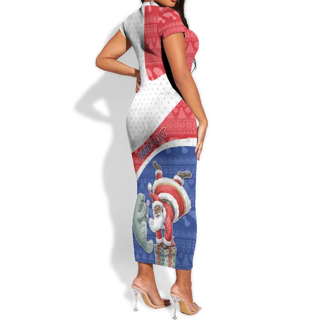 Personalized Cape Verde Christmas Short Sleeve Bodycon Dress Black Santa Clause With The Manatee DT05
