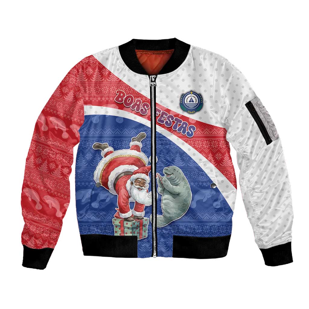 Personalized Cape Verde Christmas Sleeve Zip Bomber Jacket Black Santa Clause With The Manatee - African Pride