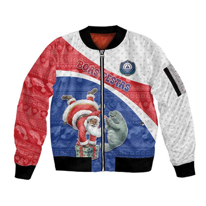 Personalized Cape Verde Christmas Sleeve Zip Bomber Jacket Black Santa Clause With The Manatee - African Pride